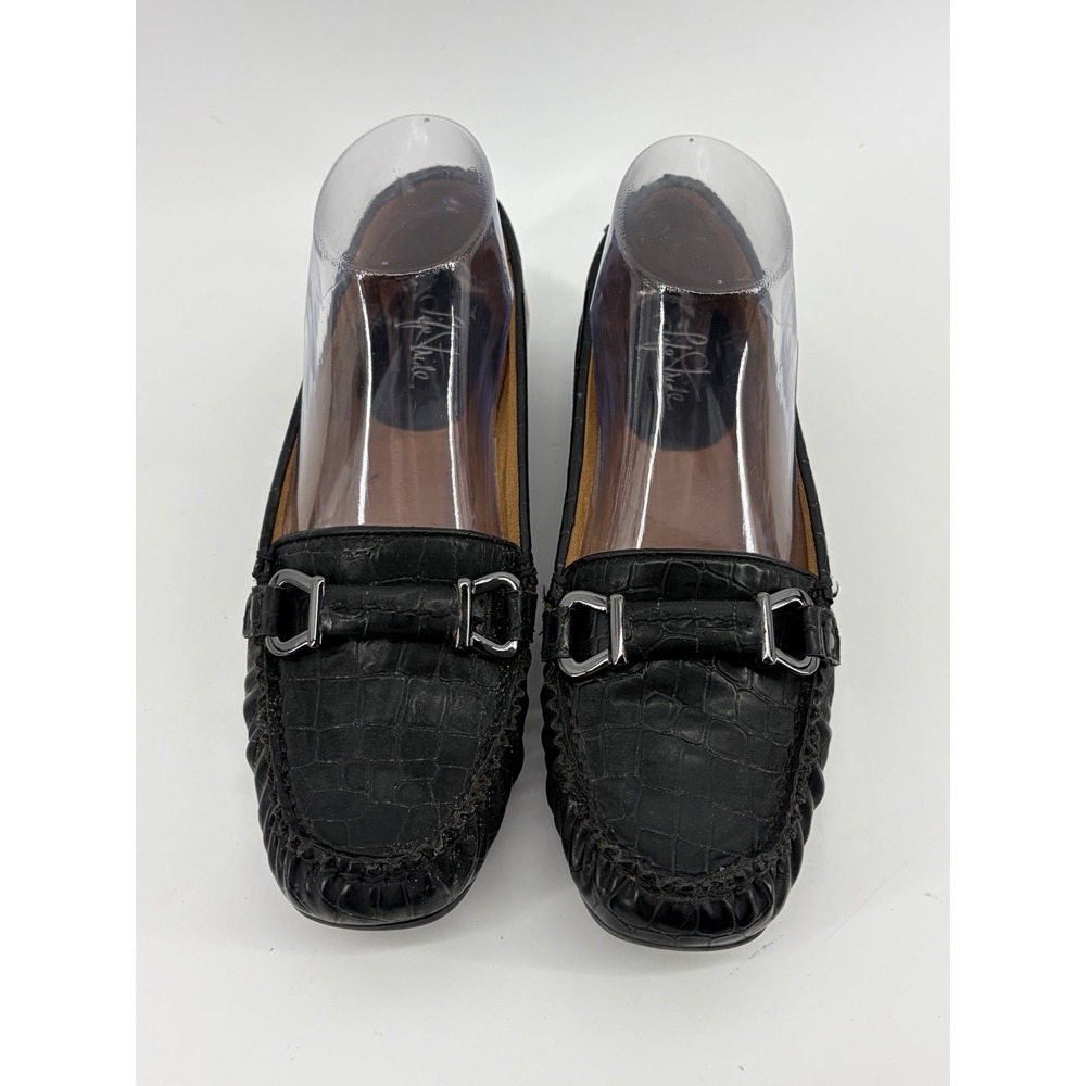 LifeStride, "Arbor" Black Croc-Embossed Slop On Loafers, Sleek Silver Buckle, 7